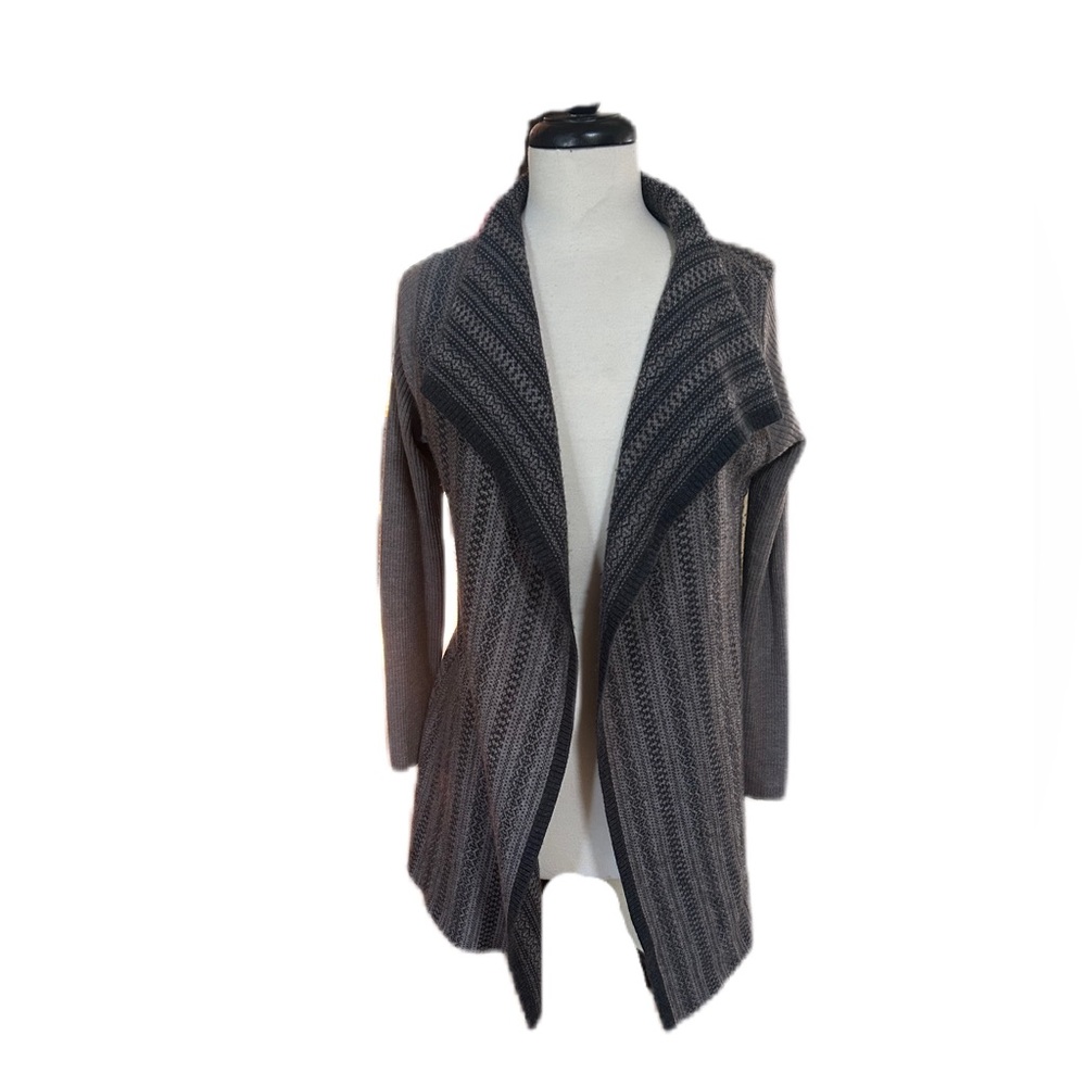 Willi Smith Draped Open Front Cardigan Fair Isle Grey Merino Wool Blend M Boho